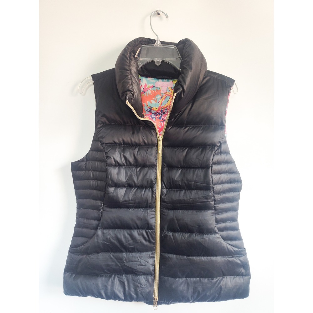 Lilly Pulitzer Puffer Vest Large Allie Packable Quilted Gold Zip Floral Lining